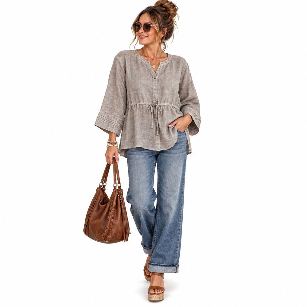 Kenna V Linen Top Women M Tan Boho Lagenlook Drawstring Empire Waist Pintuck